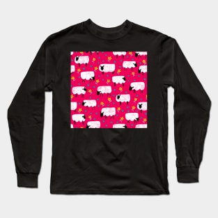 Sheep at work on pink – seamless pattern Long Sleeve T-Shirt